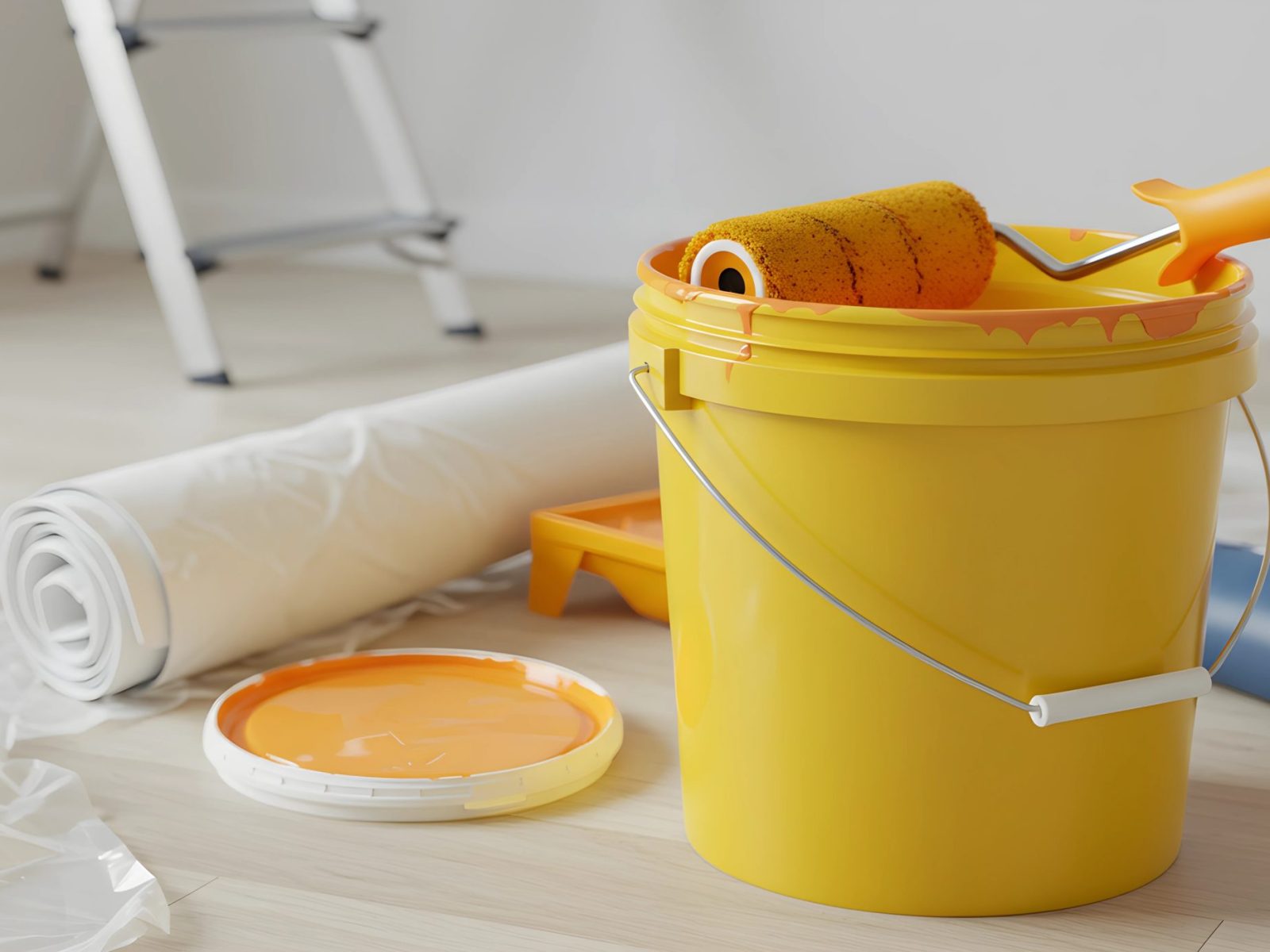 painting supplies still life with bucket ladder and roller